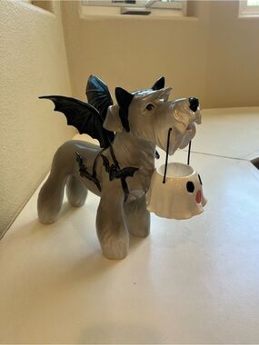 Halloween schnauzer Dog Figurine with Black Bat Wings and Ghost Bucket